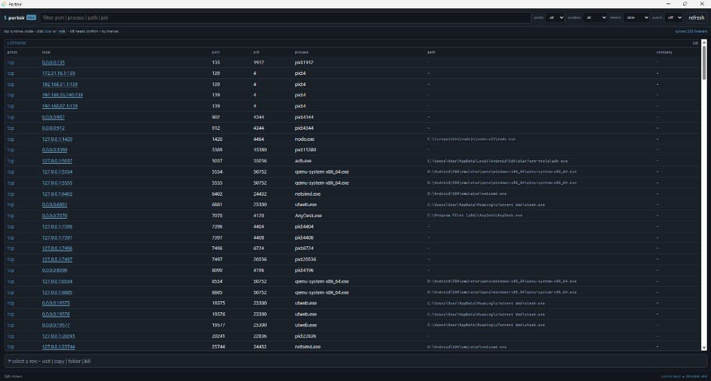 Portnir desktop app showing a searchable table of listening Windows ports and their owning processes